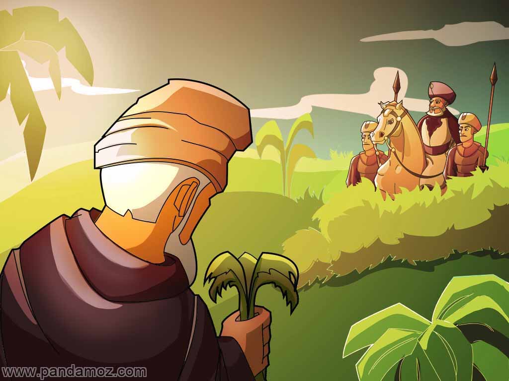 عکس نقاشی کارتونی پادشاه و سربازانش و هیزم شکن پیر در یک جنگل سبز نقاشی شده. در تصویر پشت پیرمرد هیزم شکن دیده می شود