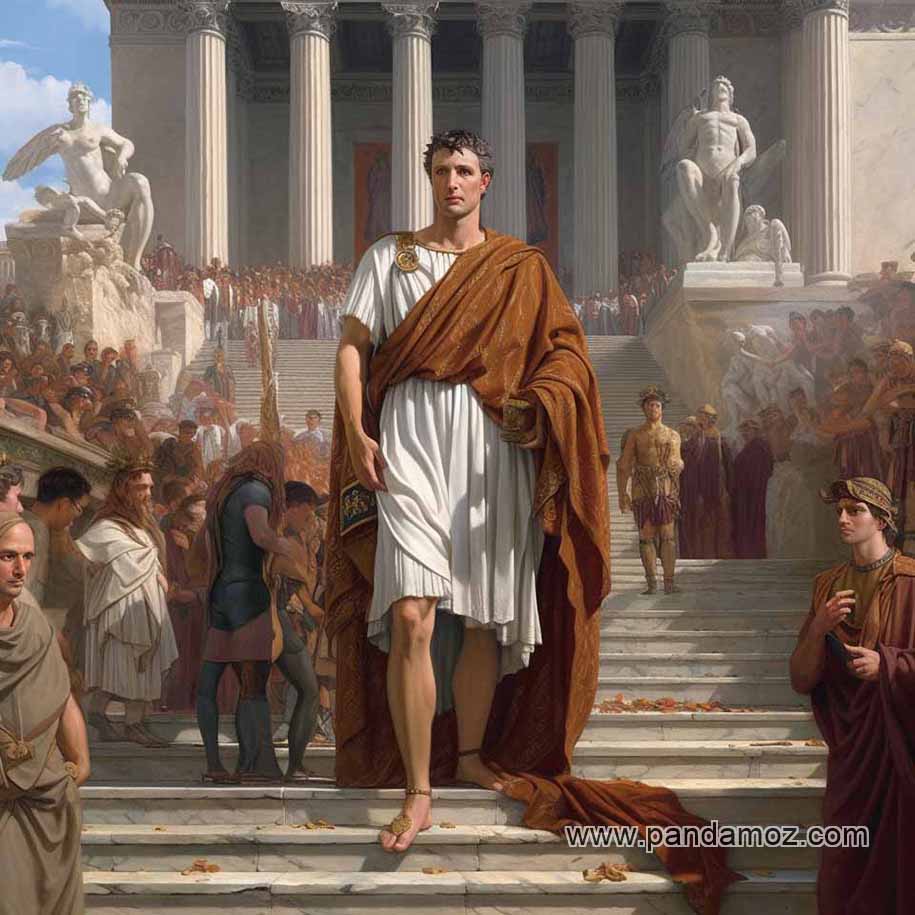 عکس تابلو نقاشی از آگوستوس سزار که از او به ‌عنوان یکی از بزرگترین امپراتوران روم یاد می‌شود که نقش مهمی در ثبات، گسترش و توسعه فرهنگی امپراتوری داشته است. در تصویر او پله های کاخ با ستونهای زیاد ایستاده و جمعیت زیادی در فاصله دورتر و اطراف است