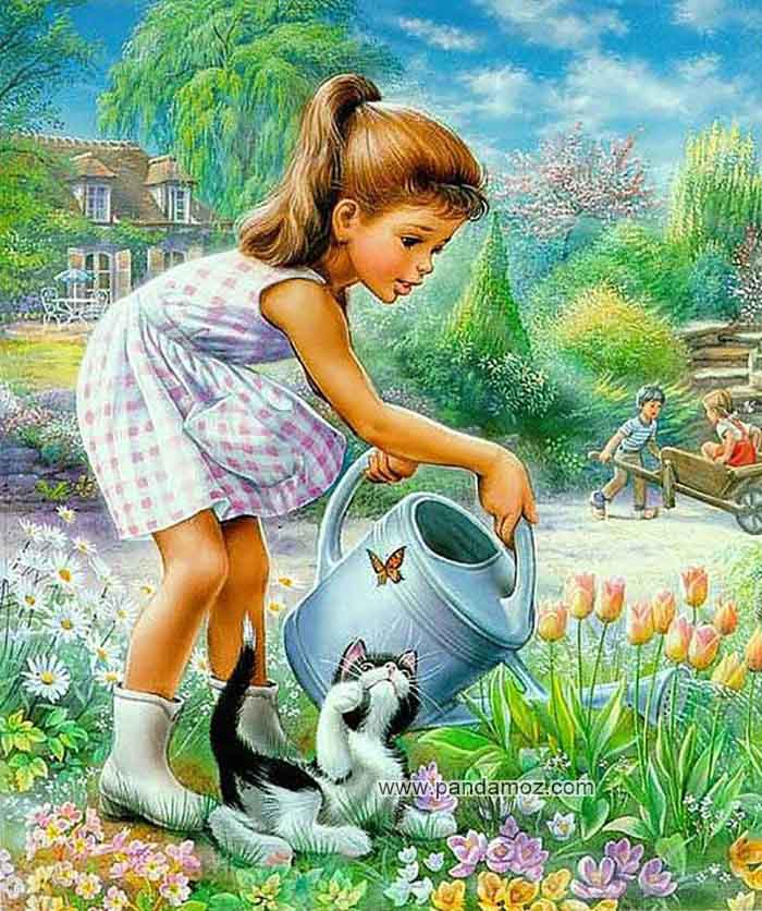 عکس نقاشی آبیاری گلهای زیبا و رنگارنگ باغچه توسط دختر کوچولو، گربه در کنار دخترک و نیز در زمینه عکس یک پسربچه، دختربچه دیگری را سوار فرگون چوبی کرده و می راند
