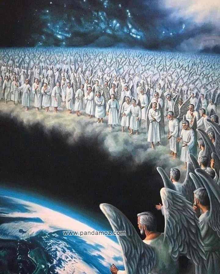 عکس نقاشی از کائنات و تعداد بی شماری از فرشته ها که دور زمین را احاطه کرده اند در تصویر فرشتگان دور کره زمین هستند