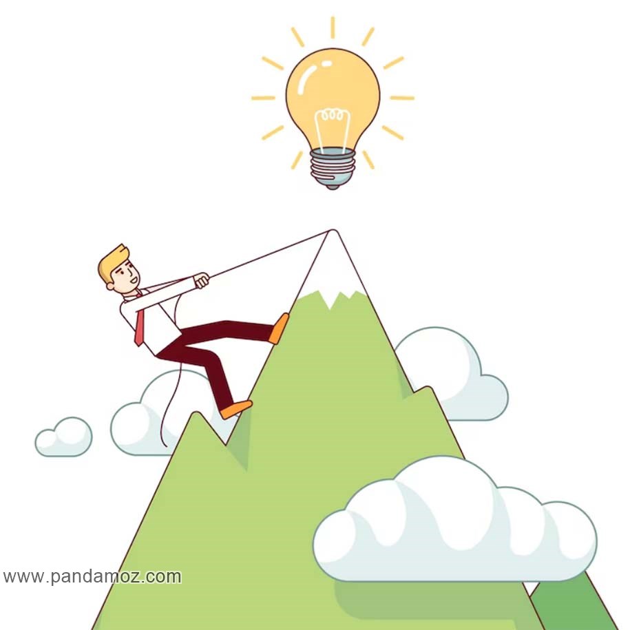 عکس نقاشی مردی که در حالا بالا رفتن از کوه است و در بالای کوه چراغی روشن است کنایه از اینکه برای رشد و پیشرفت و رسیدن به ایده ها نیاز به کار سخت است