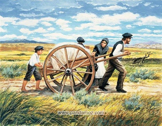 عکس نقاشی مردی که به همراه زن و بچه اش گاری دستی را با خود می کشد. تصویر در بیابان ولی دارای گیاهان است و ابر و کوهها از دور دست نمایان است