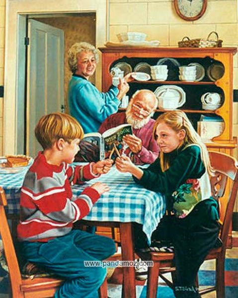 عکس نقاشی خانه مادربزرگ خانواده شاد و خوشبخت که دختر و پسر نوجوان باهم بازی می کنند. پدربزرگ شاد پشت میز و مادربزرگ در حال گردگیری و پاک کردن ظروف کمد و گنجه است