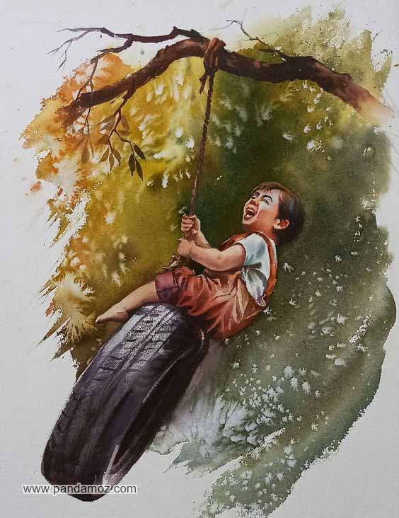 عکس نقاشی پسربچه که در حال تاب بازی است با طنابی از درخت آویزان است و روی لاستیک تایر ماشین سوار است