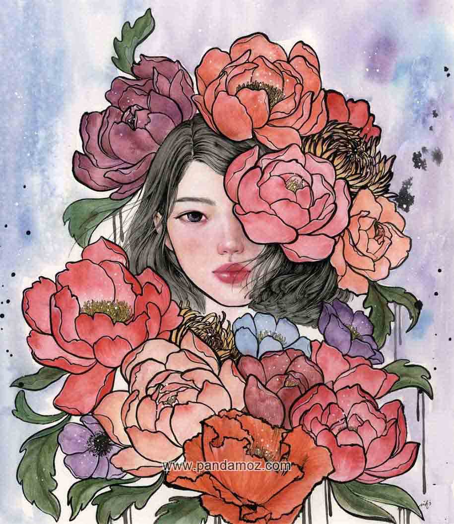 عکس نقاشی گل های رز رنگارنگ روی صورت و یک چشم زن. عکس تمثیل از دختر یک جشم