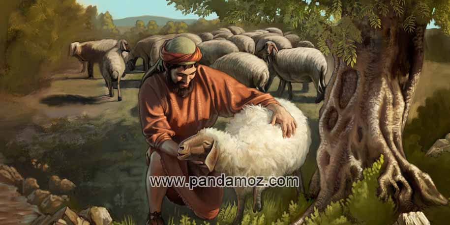 عکس تابلو نقاشی مرد خوش سیما و گوسفندان. در تصویر تعداد زیادی گوسفند است و مرد ظاهرا چوپان که لباس مرتب و بلندی دارد بر زمین نشسته و دستش را بر پشت گوسفندی با محبت گذاشته. گوشه آب روان، درختان کهنسال، محیط سرسبز و باصفا و کوهها که در دورنما دیده می شوند