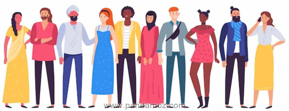 عکس نقاشی از آدمها با طرز فکر ها و اقوام مختلف. در تصویر هر کسی یک نوع لباس رنگی خاصی پوشیده و از قوم یا نژاد یا شغل و کار خاصی است
