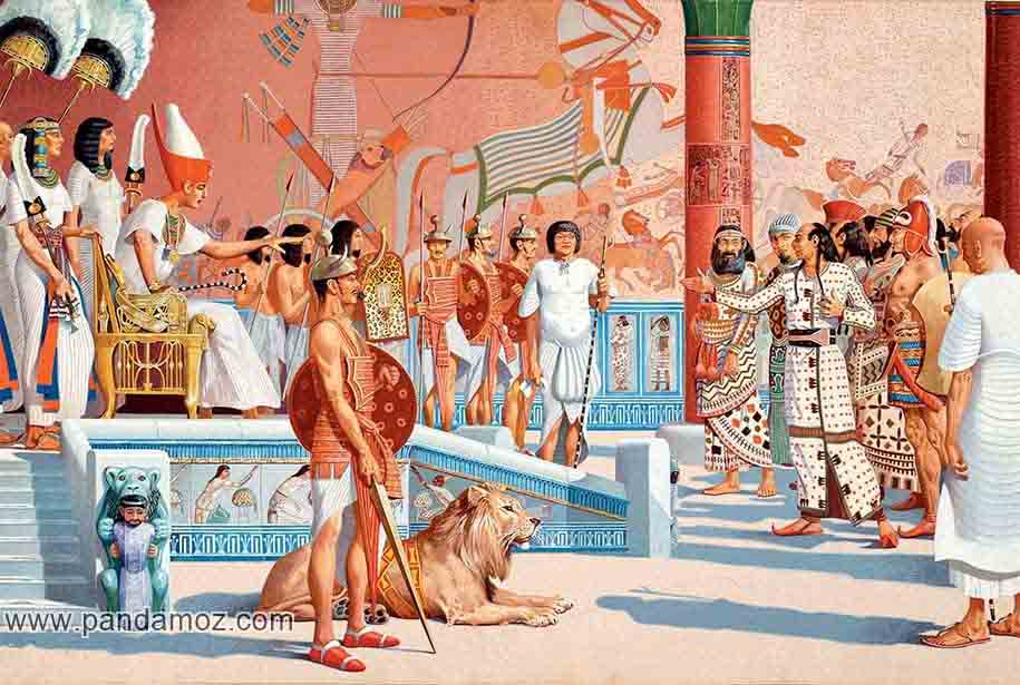عکس نقاشی بارگاه و کاخ فرعون و فرعون بر تخت سلطنت در حال فرمان دادن