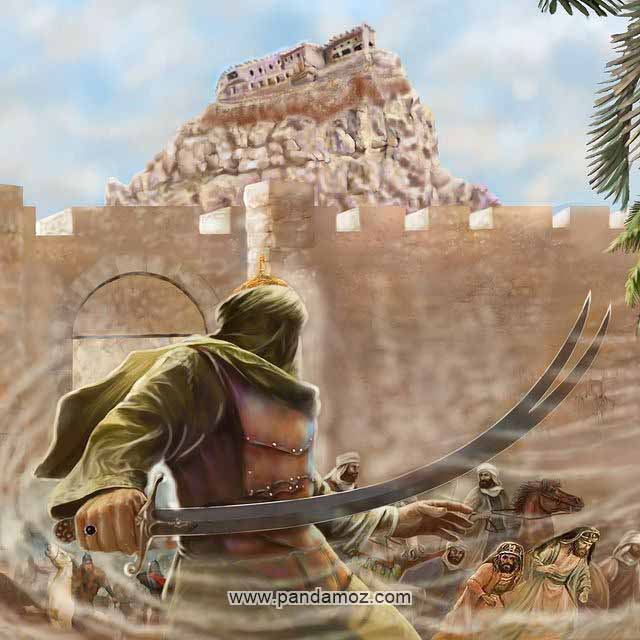 عکس نقاشی از حضرت امام علی(ع) در جنگ خیبر، قلعه خیبر و شمشیر دو لبه ذوالفقار در دستان امام علی در عکس دیده می شود