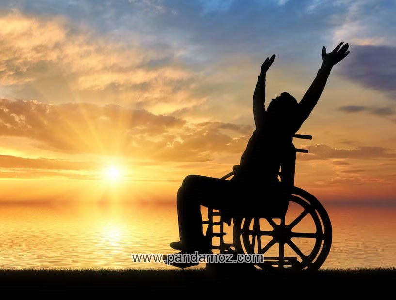 عکس شخص معلول و شاد روی ویلچر. فرد معلول دستها را رو به آسمان بلند کرده و در زمینه عکس، غروب خورشید دیده می شود