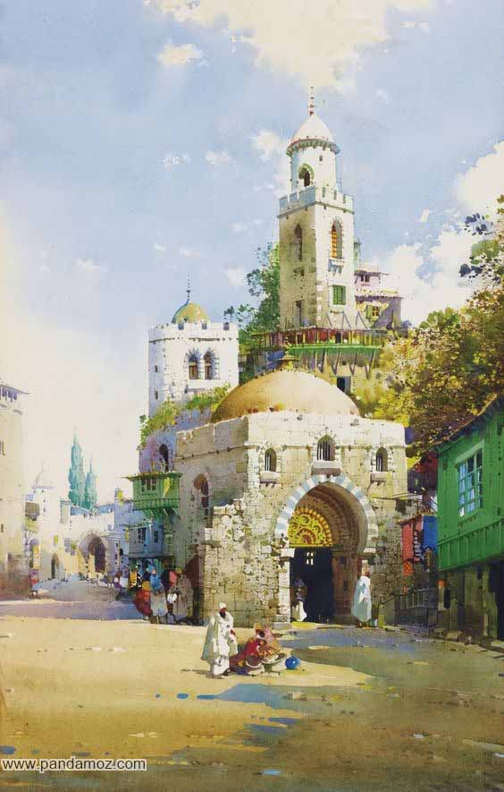عکس تابلو نقاشی از شهر در زمانهای قدیم همراه با ساختمانها و مسجد و مناره مسجد و برگهای سبز درختان که از لابلای خانه ها دیده می شوند. در تصویر خیابانی از شهر و مردمی که مشغول کار هستند و فروسنده دست فروش دیده می شوند