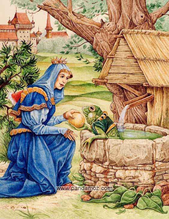 عکس نقاشی زن و قورباغه. در تصویر زنی که لباس آبی پوشیده و نیم خیز نشسته با قورباغه ایی سبز که سر از آب درآورده صحبت می کند. در تصویر درخت و فضای سبز و از دور ساختمانهایی دیده می شود. قورباغه جلیقه سبز بر تن دارد