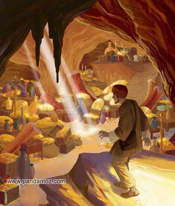 عکس نقاشی خزانه پادشاه که مملو از جواهرات سلطنتی، طلا، سکه، زر و سیم و اشیاء عتیقه و گرانبهاست. در تصویر مردی که دزد است و به صورت غیرمجاز وارد خزانه شده دیده می شود که کلاهی بر سر و کیفی بر دوش دارد پابرهنه و بدون کفش خمیده و آهسته راه می رود