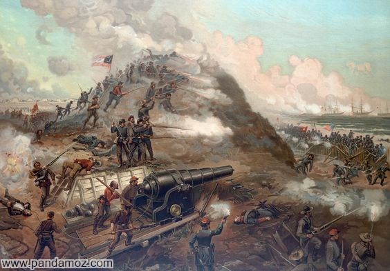 عکس تابلو نقاشی از میدان جنگ در زمان قدیم. عکس تویخانه و توپ ها در حال شلیک گلوله دیده می شوند. در تصویر دودهای سفید همه را گرفته