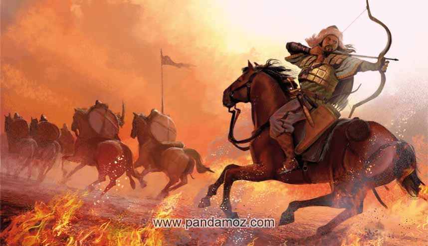 عکس نقاشی سرباز پارت اشکانی بر روی اسب در حالی که به عقب برگشته و تیری در چله کمان گذاشته و در حال تیراندازی است. اسب در حال تاخت به پیش و بقیه سواران در جلو او دیده می شوند. همه صحنه نبرد را آتش و دود فرا گرفته و زمینه تصویر سرخ رنگ است