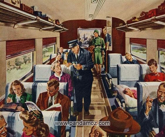 عکس تابلو نقاشی داخل قطار. در تصویر افراد داخل قطار هر کدام در حالت خاصی هستند. مامور قطار با فردی صحبت می کند. مردی به صندلی پشتی تکیه داده و خوابیده و مردی دیگر روزنامه می خواند. زن و مردی باهم حرف می زنند. مادری نوزاد خود را روی صندلی گذاشته و بچه خواب