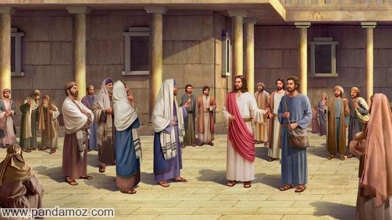 عکس تابلو نقاشی از پیامبران و انبیا و مردمی که دور آنها حلقه زده اند. در تصویر ستونهای خانه یا مسجد و عبادتگاه دیده می شوند. مربوط به داستان حضرت داود و شال پیرزن