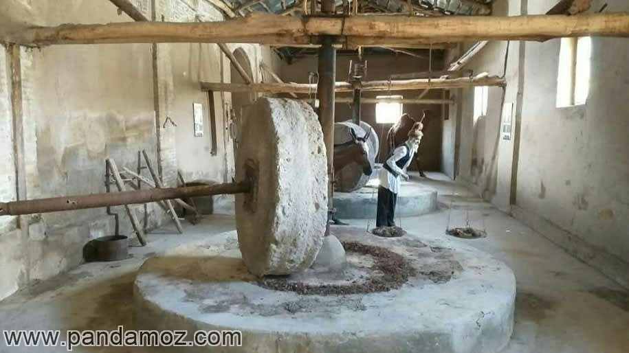 عکس تصویر نمای کلی آسیاب قدیمی و سنگ های بزرگ آسیاب و مجسمه مومی یا ماکتی از مجسمه آسیابان و شتر، قاطر یا الاغ برای حمل بار گندم یا جو و نیز ستون های چوبی بلند و بزرگ که برای نگهداری سنگ آسیاب استفاده شده