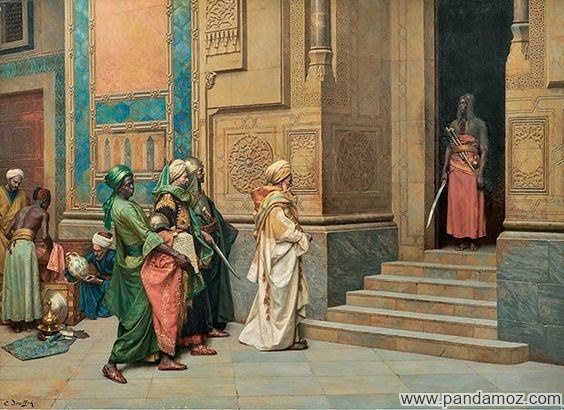 عکس تابلو نقاشی از کاخ پادشاه و مردم مراجعه کننده به قصر. در تصویر نگهبانی سیاه پوست در ورودی در کاخ ایستاده و شمشیری بر دست دارد. چند مرد و زن به سمت قصر هستند