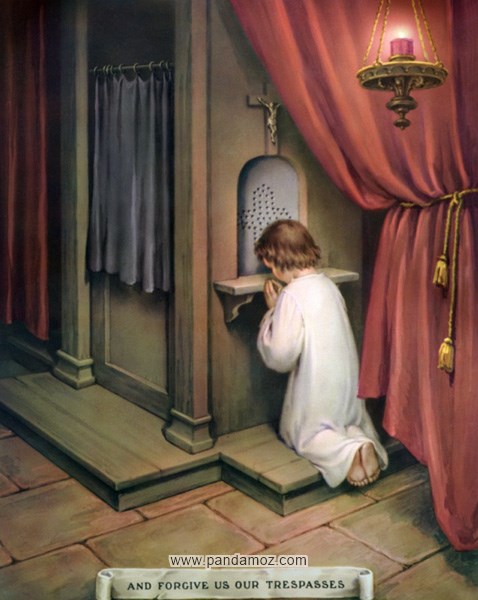 عکس نقاشی دعا خواندن بچه. یک بچه در حالی که لباس سفیر بر تن دارد و در مقابل علامت صلیب، نیم خیز نشسته دستهایش را مقابل صورتش گرفته و در حال دعا خواندن است