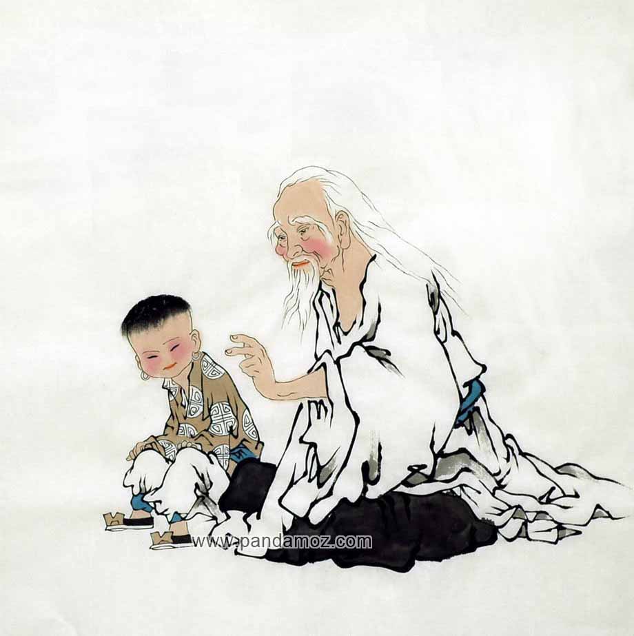 عکس نقاشی پیرمرد و پسرک چینی که پیرمرد چینی در تصویر دارای ریش بلندی است و بر زمین نشسته و در حال حرف زدن است و پسر چینی نیز بر روی چیزی شبیه سنگ نشسته و در حال گوش دادن به حرف های پیرمرد است