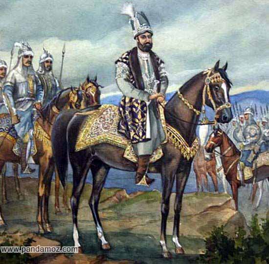 عکس تابلو نقاشی از نادرشاه افشار که روی اسب نشسته. در تصویر سواره نظامان و سایر سربازان اسب سوار در پشت سر نادرشاه دیده می شوند