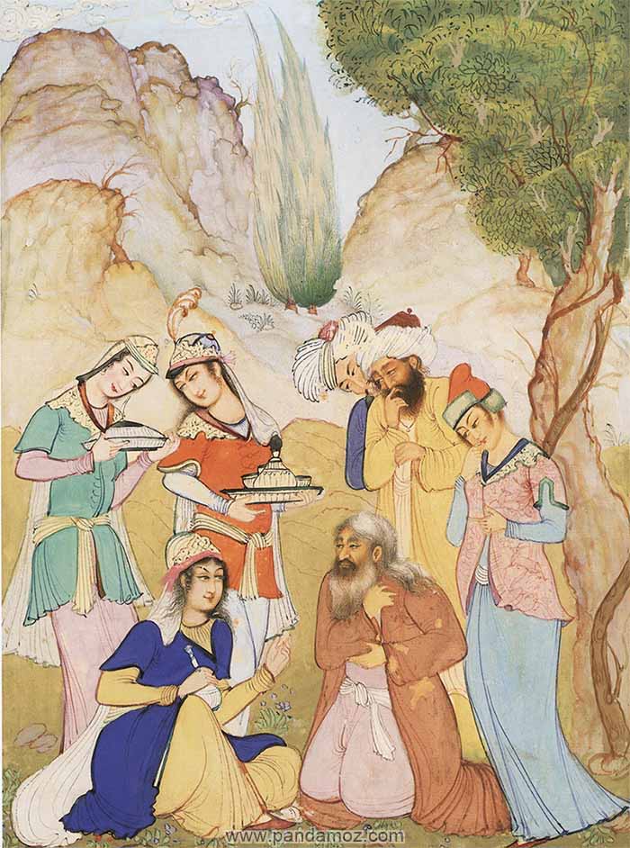 عکس نقاشی مینیاتوری داستان عاشق شدن شیخ صنعان به دختر ترسا و مسیحی. در تصویر دختر ترسا و شیخ صنعان کنار هم نشسته اند و دختران و مردان دیگری بالا سر آنها ایستاده و به آنها نگاه می کنند