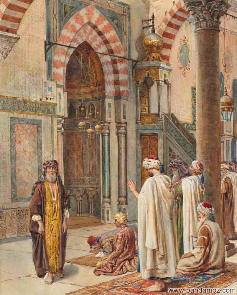 عکس تابلو نقاشی از مسجد قدیمی و مردم مسلمان نمازگزار در حال خواندن نماز. در تصویر دیوارها و محراب رنگارنگ مسجد و منبر و همچنین امام جماعت، مکبر و مردم نمازگزار دیده می شوند