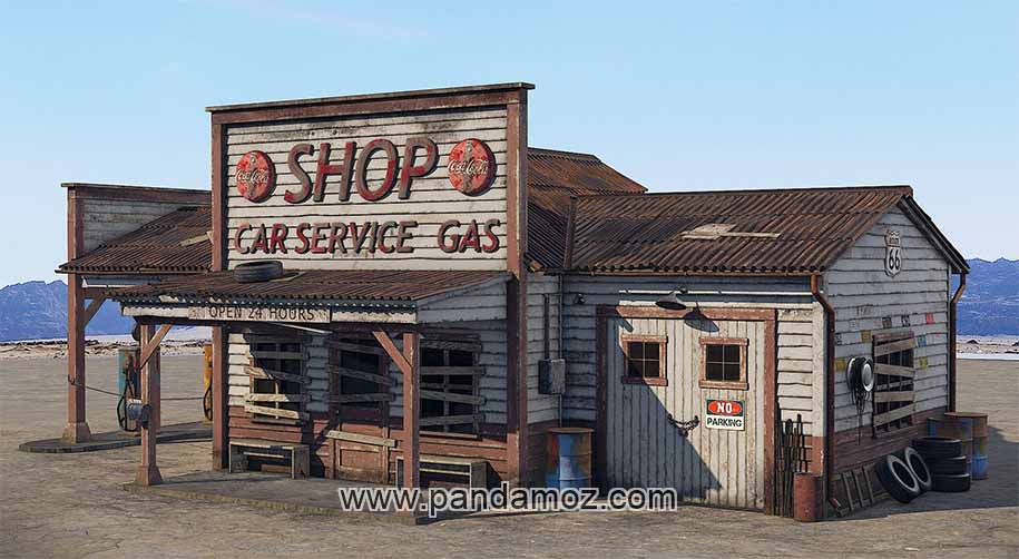 عکس پمپ بنزین مخروبه و قدیمی با ساختمان چوبی در بیابان با دو پمپ گاز. در تصویر تعمیرگاه ماشین هم دیده می شود