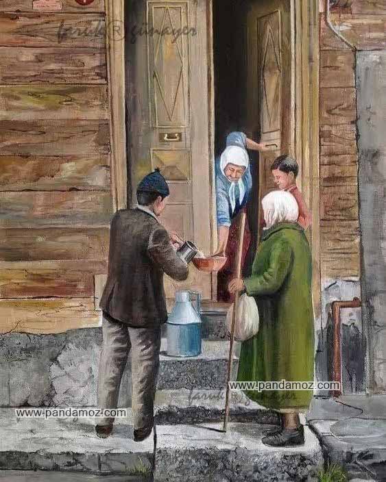 عکس تابلو نقاشی پیرزنی که در چوبی خانه را باز کرده و به صورت خمیده در حال گرفتن آب از دست مردی است که در کوچه ایستاده. مرد در حال ریختن آب از پارچ به کاسه پیرزن است. در تصویر کنار مرد یک زن و یک پسربچه نیز دیده می شود
