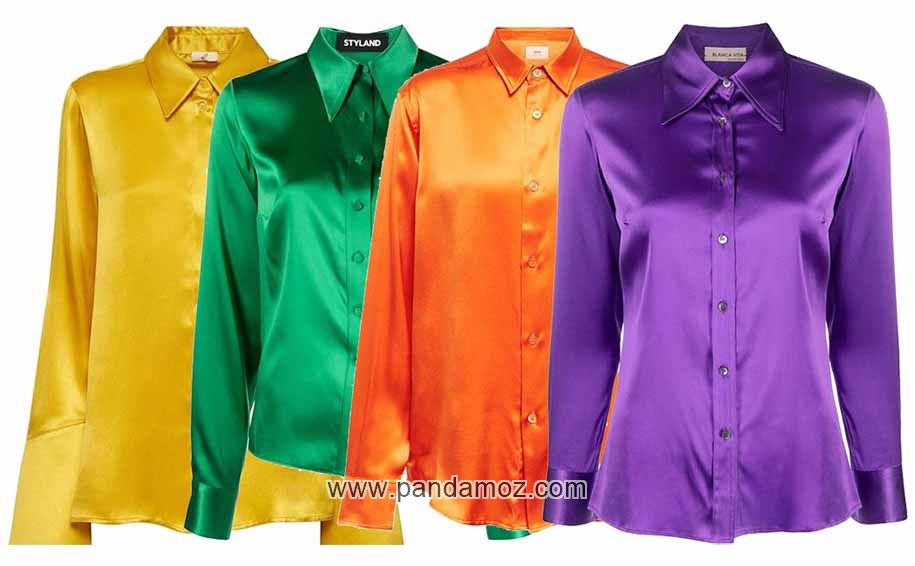 عکس چهار پیراهن رنگی زنانه ابریشمی زیبا در رنگهای لیمویی سبز فسفری نارنجی و بنفش
