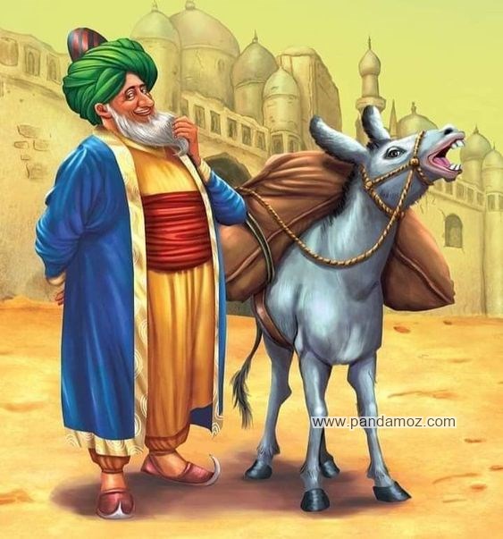 عکس نقاشی ملانصرالدین و خرش. در این تصویر ملا نصرالدین سوار بر الاغش نبوده و در کنار الاغ ایستاده و نگاه خاصی دارد. خر ملا نیز دارای گونی بار است. پشت تصویر ساختمانها با گنبدهای بلند دیده می شود