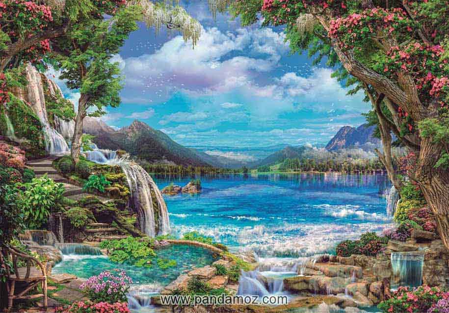 عکس فوق العاده زیبا از بهشت در روی زمین، باغ زیبا، درختان سرسبز با شکوفه ها و گل های زیبا رودخانه، دریا و کوه های زیبا همراه با آبشار و گل های رنگارنگ و گیاهان سرسبز