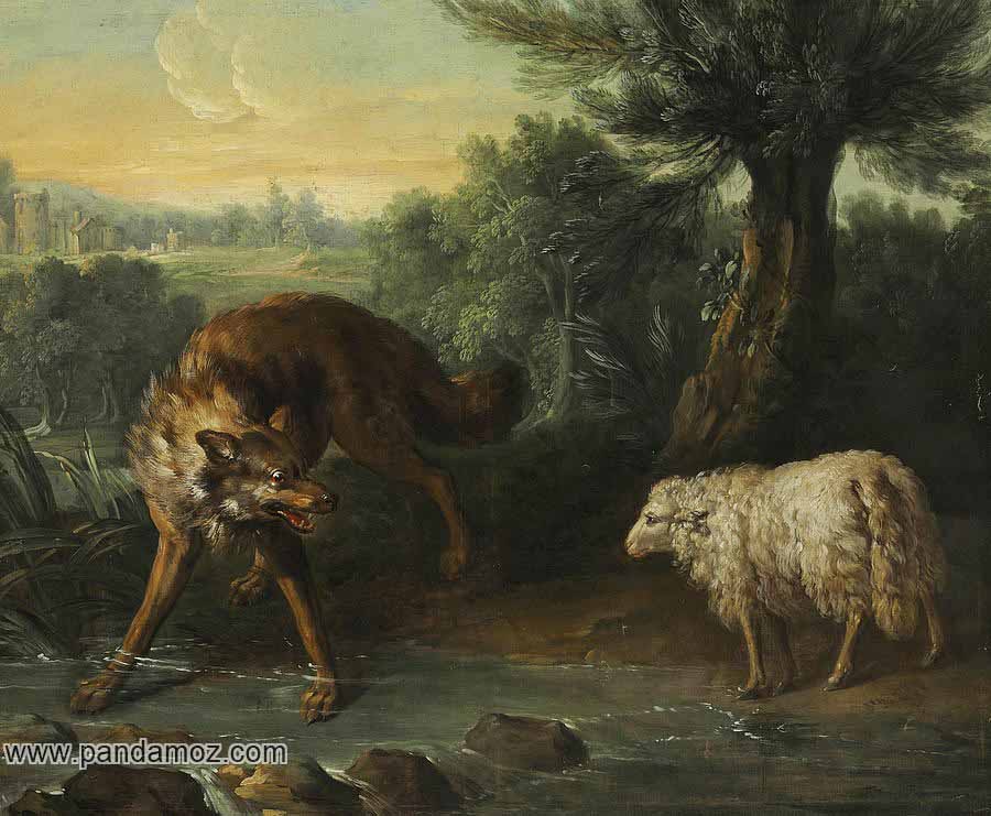 عکس تابلو نقاشی گرگ و میش (گوسفند) که باهم در کنار آب هستند