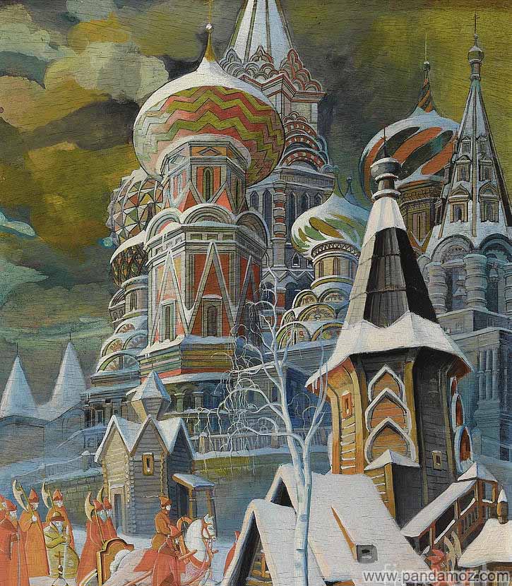 عکس تابلو نقاشی از کلیسای قدیمی و جامع سنت باسیل در مسکو با گنبدها با مناره های خاص، ناقوس کلیسا و علامت صلیب بر بالای آنها. در تصویر مردان اسب سوار در بیرون از ساختمانها دیده می شوند