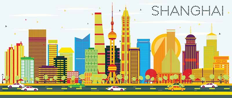 عکس نقاشی دیجیتال کامپیوتری از شهر شانگهای با ساختمانهای بلند و برج ها. در آن، تصویر خیابانی هم وجود دارد که ماشین ها در حال تردد و گذر هستند