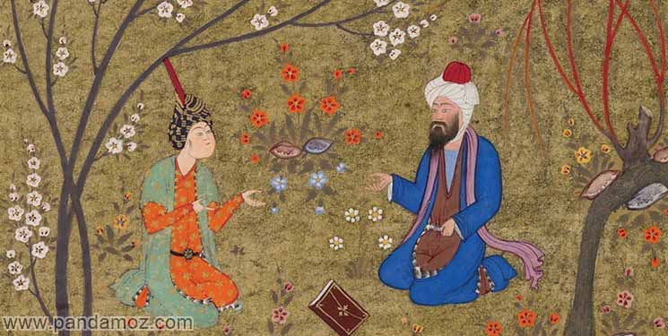 عکس نقاشی مینیاتوری مربوط به داستان شهادت درخت. در تصویر دو مرد در زیر درخت نشسته اند و کتابی در بین آنها قرار دارد