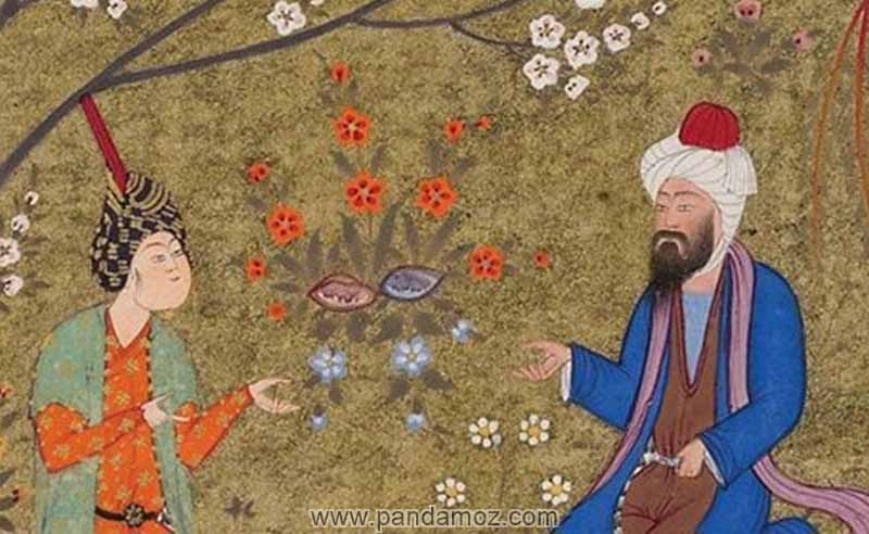 عکس تابلو نقاشی مینیاتوری از فردی که گفته می شود بهلول است و تصویر یک فرد دیگر