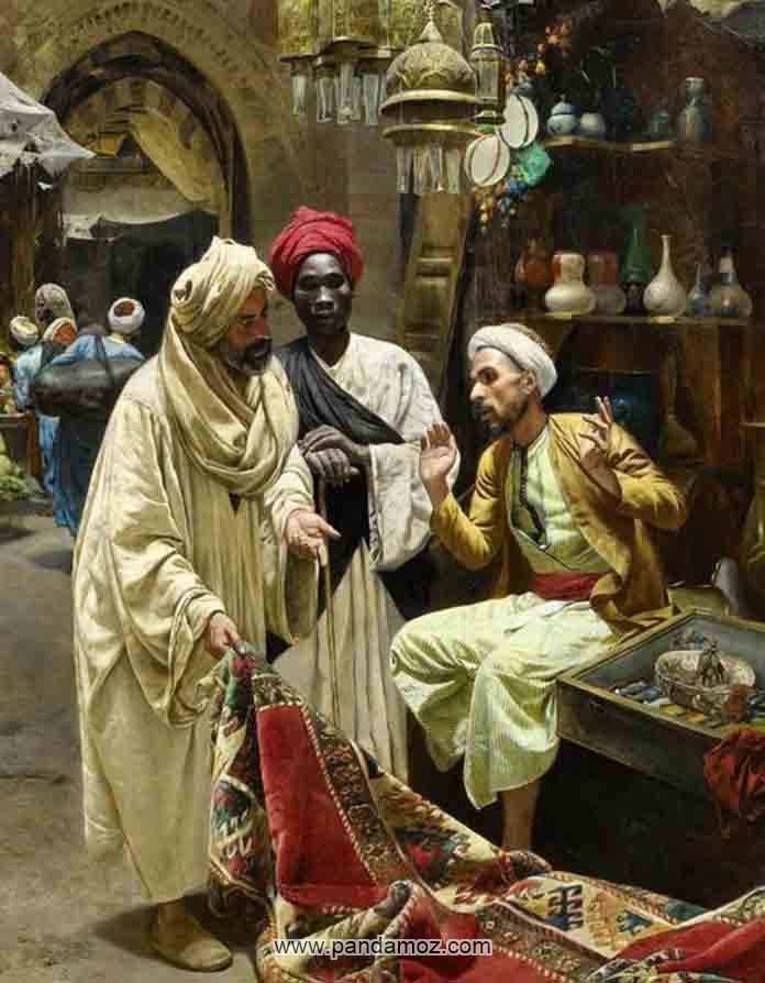 عکس نقاشی از بازار قدیمی دوره اسلامی و دو تن از تاجرهای بازار در حال معامله به یک حجره دار بازار. وسائل حجره و مغازه در تصویر دیده می شود