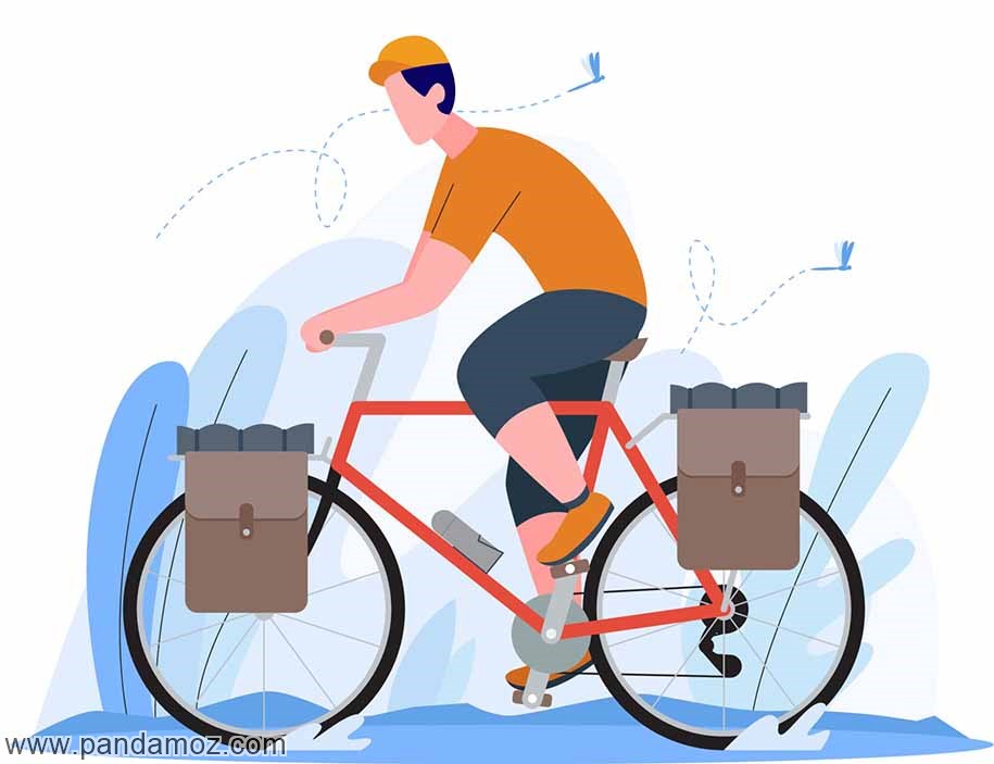 عکس نقاشی کارتونی مردی که سوار دوچرخه است و در حال رکاب زدن. در تصویر دو ظرف پر به عنوان بار در ابتدای و انتهای دو چرخه بسته شده