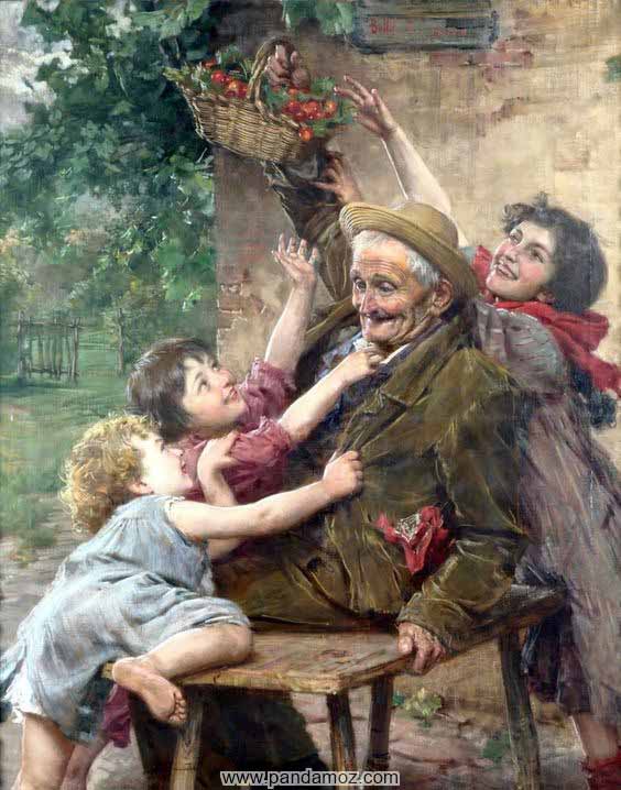 عکس نقاشی پیرمرد شاداب با سبد میوه در دست که تعدادی بچه بازیگوش در حال بازی از سر و کول او بالا می روند تا به سبد میوه دست پیدا کنند