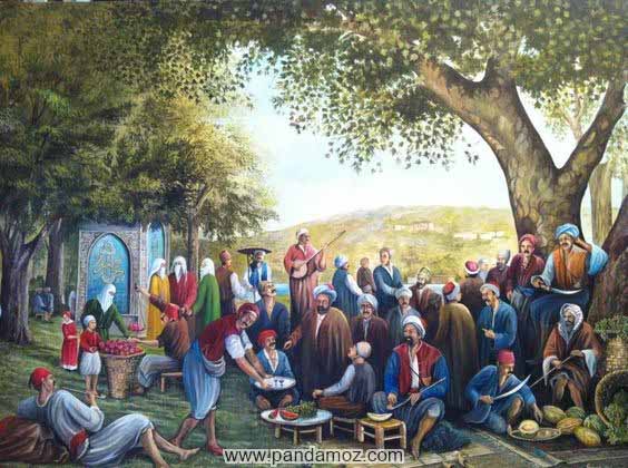 عکس نقاشی قهوه خانه سنتی قدیمی در محوطه باز و صحرایی مانند در زیر سایه درختان و جمع مردمان و دور همی