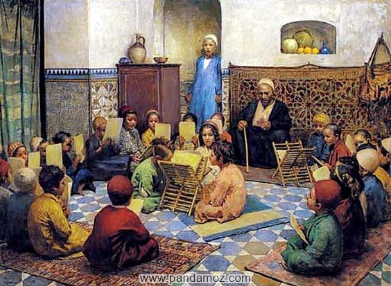عکس نقاشی از مکتب خانه قدیم و ملای مکتب و بچه ها و شاگردان مکتب که همه روی زمین نشسته اند و در حال درس خواندن هستند