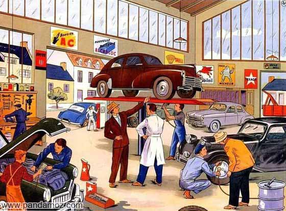 عکس نقاشی از یک تعمیرگاه اتومبیل با ماشین ها و تعمیرکارهای متعدد