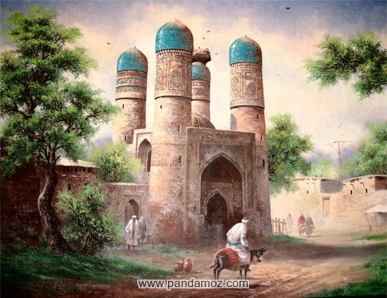 عکس نقاشی از مسجد یک روستا و مناره های آن و مردی که سوار بر الاغ است