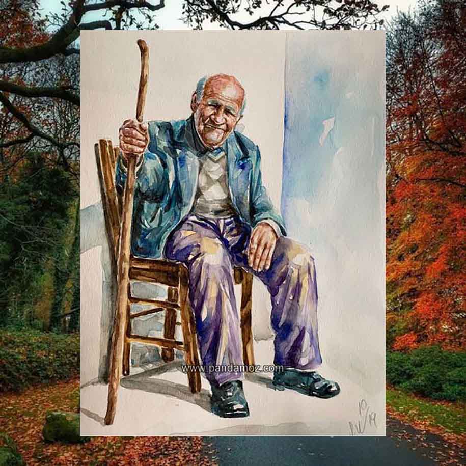 عکس تابلو نقاشی پدر نشسته روی صندلی چوبی و چوب دستی بلندی نیز بر دست دارد و با یک دست به آن تکیه کرده. موهای سرش ریخته و در تصویر کت آبی بر تن دارد