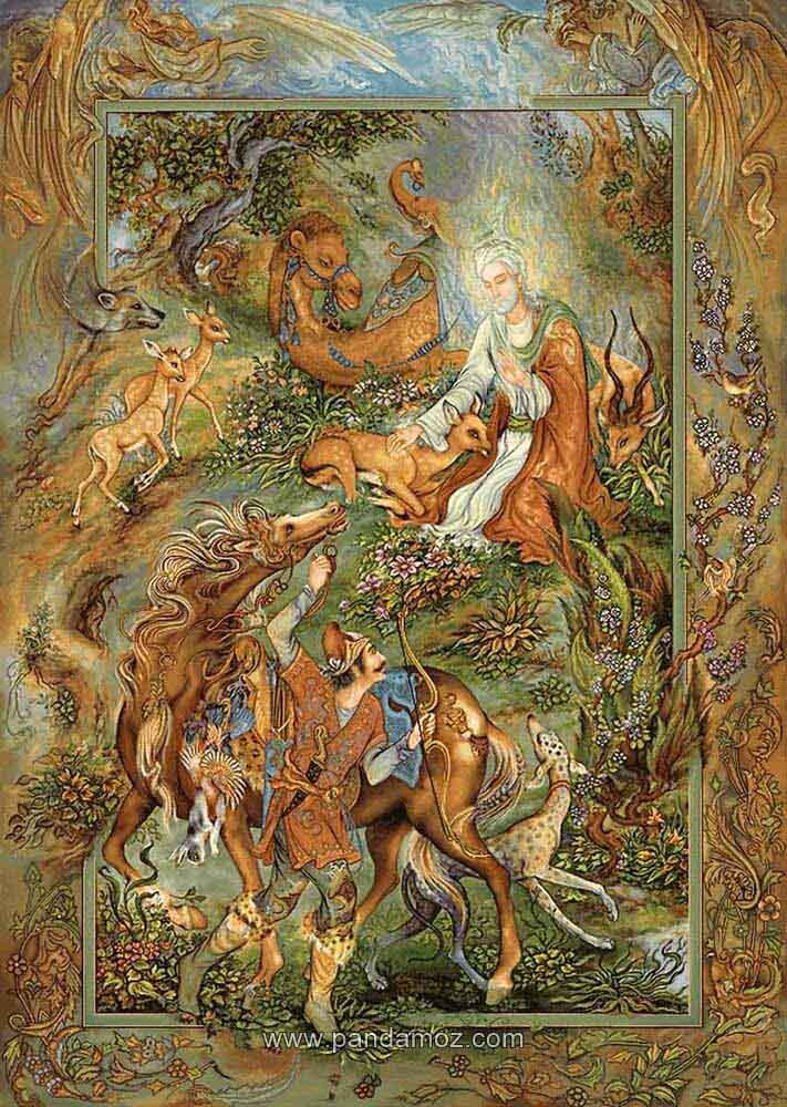 عکس نقاشی و نگارگری تابلو مینیاتور ضامن آهوی امام رضا(ع) اثر استاد فرشچیان