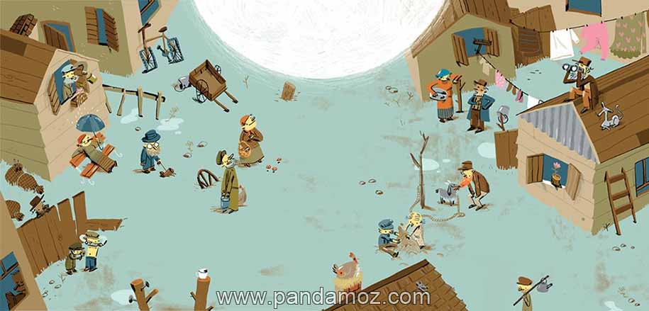 عکس نقاشی و کارتونی از مردمان احمق شهر چلم. در تصویر مردم احمق و کودن شهر یا دهکده چلم که هر یک به کاری احمقانه مشغول است به تصویر کشده شده است