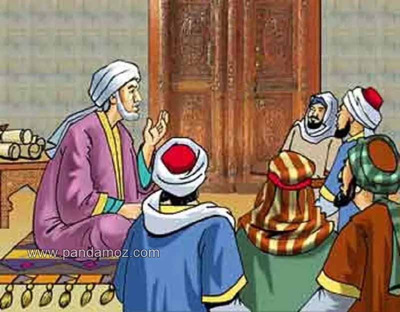 عکس نقاشی کارتونی ابن سیرین. در تصویر ابن سیرین در جمعی نشسته و برای آنها در حال تعبیر خواب است