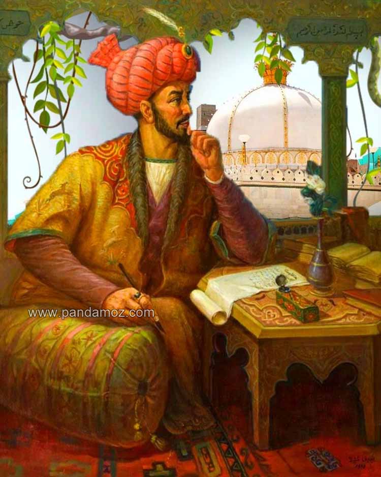 تابلو نقاشی از عکس ابونواس شاعر عرب و ایرانی.در تصویر ابونوس روی فرش و قالیچه ایی نشسته قلمی در دست و زیر دستش متکایی دارد و میز تحریر کوچکی در مقابلش قرار گرفته و به حالت تفکر و اندیشه دست زیر چانه خود دارد. دورنمای تصویر گنبد و ستونهایی دیده می شوند